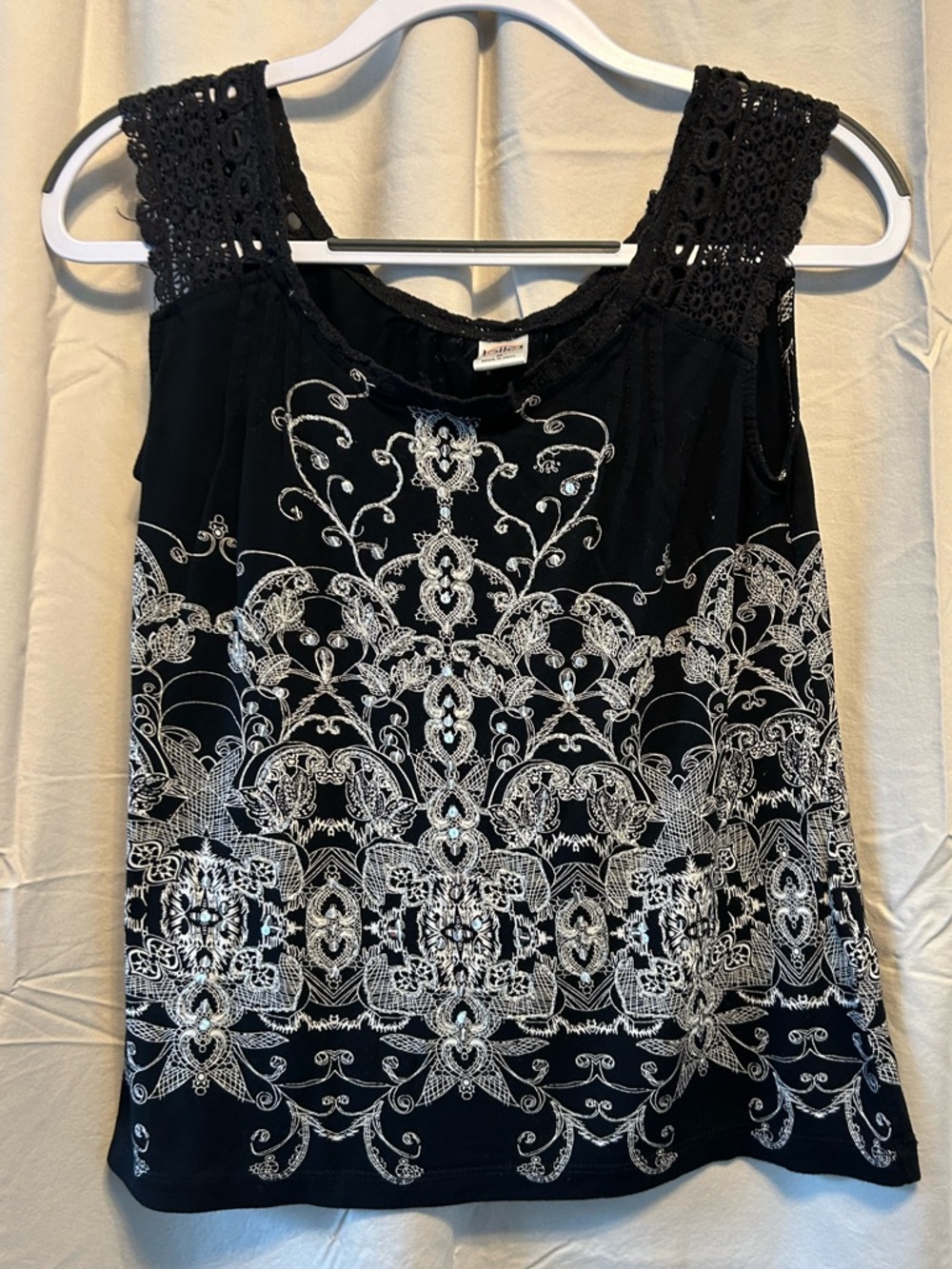 Bila Black Tank Top with White Embroidered Pattern